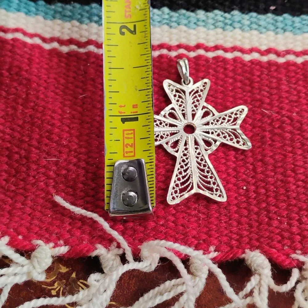 Filigree Sterling Silver Maltese Cross Pendant 1 5/8" Long Handmade - Picture 4 of 6